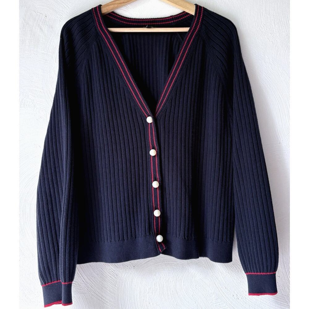 Talbots V-Neck Ribbed Cardigan‎ Sweater Pearl Buttons Navy Old Money Preppy XLP